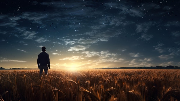 Hombre mirando las estrellas durante la noche rodeado de campo de trigo bajo el concepto de silueta de la vía láctea