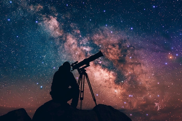 un hombre mirando las estrellas con un telescopio