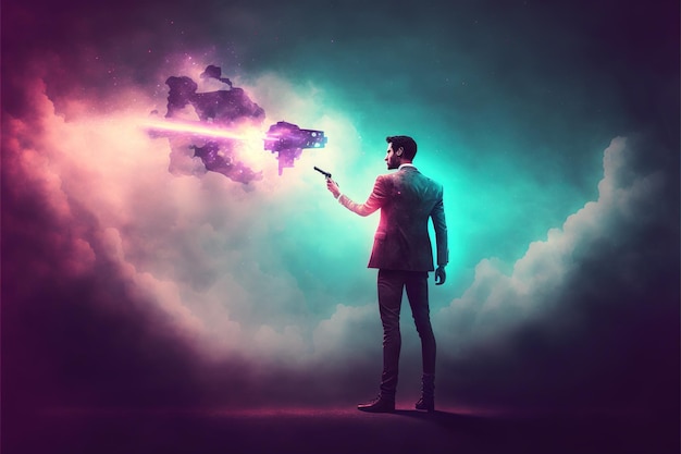 Hombre mirando un fantasma misterioso volando alrededor Hombre con una pistola mirando al hombre flotando en el aire con pintura de ilustración de estilo de arte digital de poder maligno