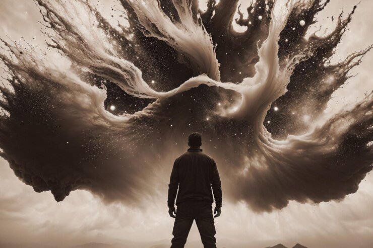 Foto hombre mirando fluidos en el cielo