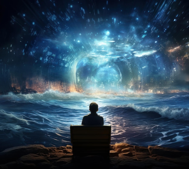 Un hombre mirando un hermoso mar con cielo brillante IA generativa