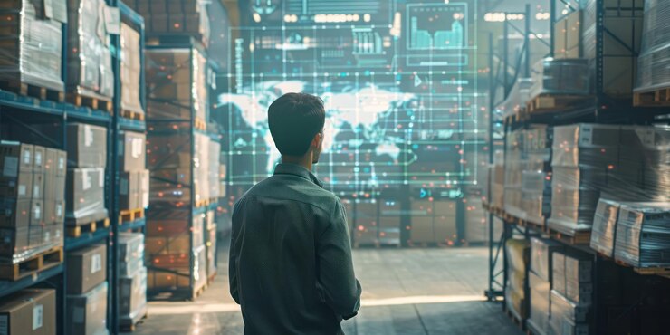 Foto hombre mirando el mapa digital del mundo en el almacén