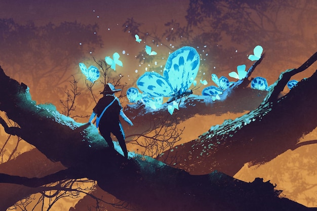 Foto hombre mirando mariposas azules gigantes descansando sobre la rama de un árbol, pintura de ilustración