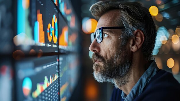 un hombre mirando una pantalla de computadora con la palabra exclamación en ella
