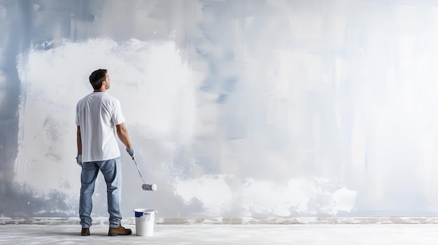 Un hombre mirando una pared en blanco con un rodillo de pintura y un balde aislado en una habitación blanca