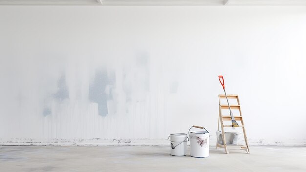 Un hombre mirando una pared en blanco con un rodillo de pintura y un balde aislado en una habitación blanca