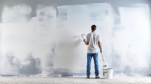 Un hombre mirando una pared en blanco con un rodillo de pintura y un balde aislado en una habitación blanca