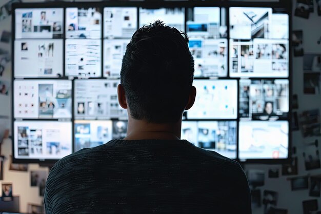 Foto un hombre mirando una pared de pantallas de televisión