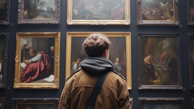 Foto un hombre mirando pinturas en un museo de arte