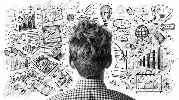 Un hombre mirando una pizarra llena de ecuaciones y diagramas científicos
