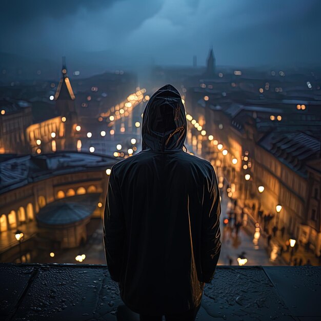 Foto un hombre mirando sobre una ciudad por la noche