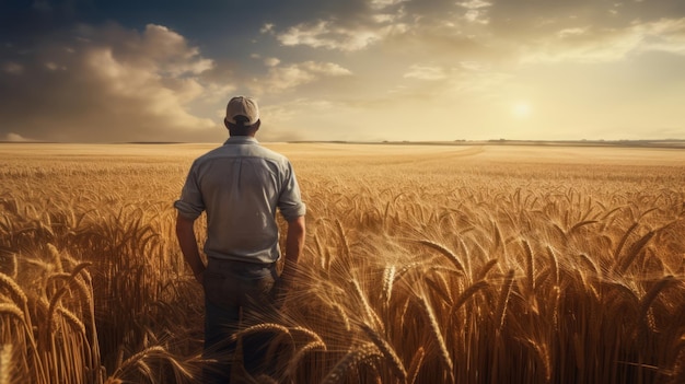 Hombre mirando su campo de trigo