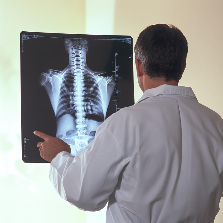 un hombre mirando una tableta con un esqueleto en ella