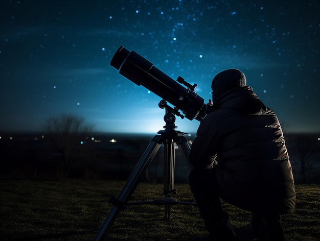 un hombre mirando un telescopio por la noche con las estrellas al fondo