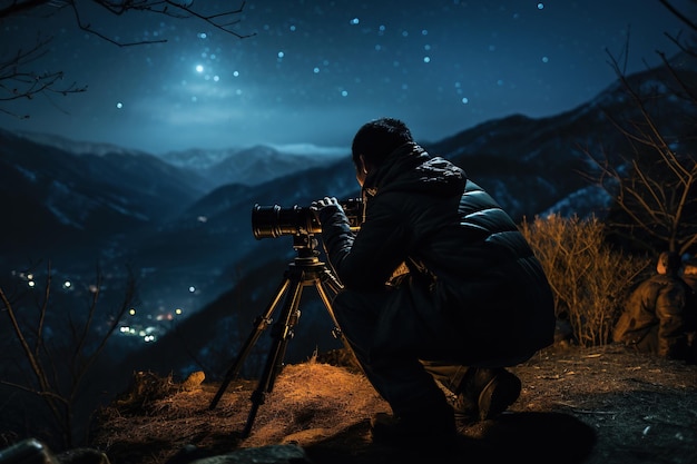 Hombre mirando a través de un telescopio astronómico las estrellas en el cielo nocturno Vía Láctea AI Generative