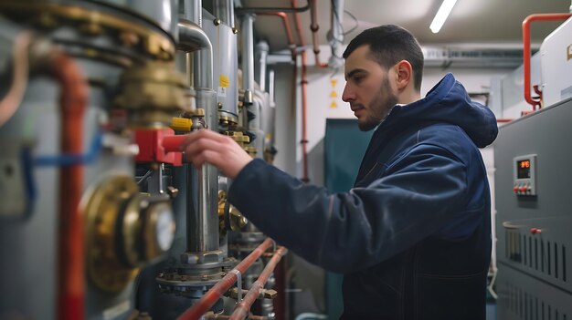 Foto un hombre está mirando una válvula roja que es de la máquina