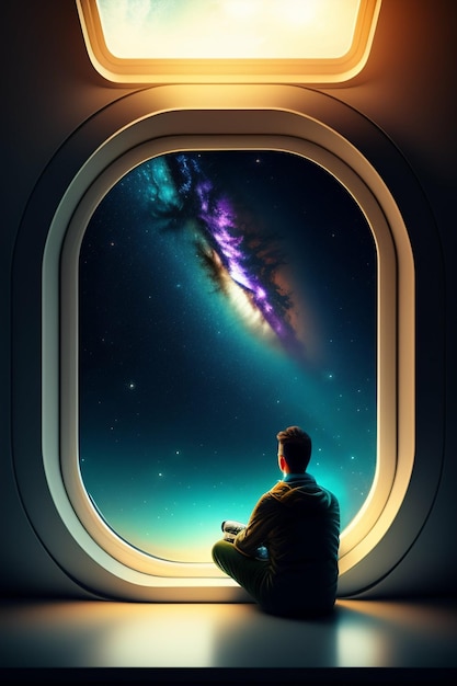 Foto un hombre mirando por la ventana de un avión con una galaxia al fondo.