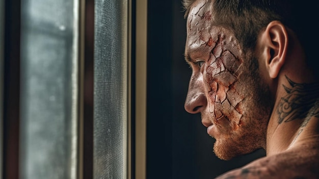 Hombre mirando por la ventana con marcas de quemaduras en la piel IA generativa