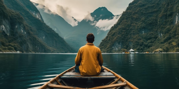 hombre mirando la vista a la montaña mientras está sentado en el bote