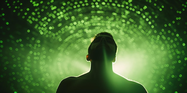 Hombre mirando hacia un vórtice de luz verde