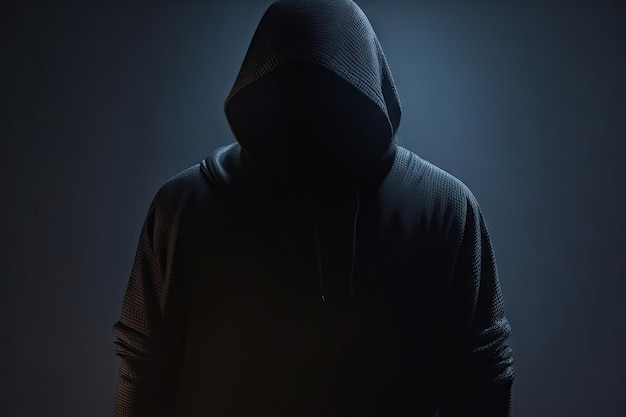 Hombre misterioso con capucha negra usando una computadora portátil en el cuarto oscuro Hacker y concepto de seguridad cibernética ai generativo