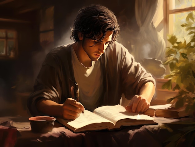 Hombre misterioso estudiando la Biblia solo en su habitación luz mística