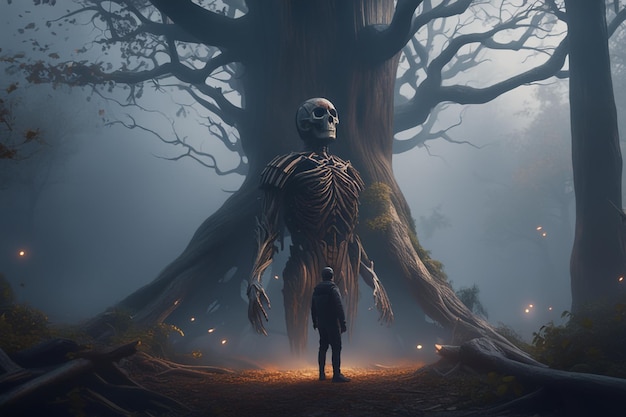 Hombre misterioso mirando esqueleto en el bosque