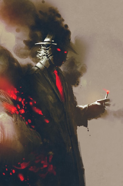 Foto hombre misterioso con sombrero sosteniendo un cigarrillo, ilustración, pintura digital