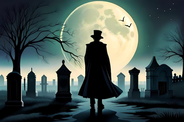 Hombre misterioso en el viejo cementerio y la luna llena