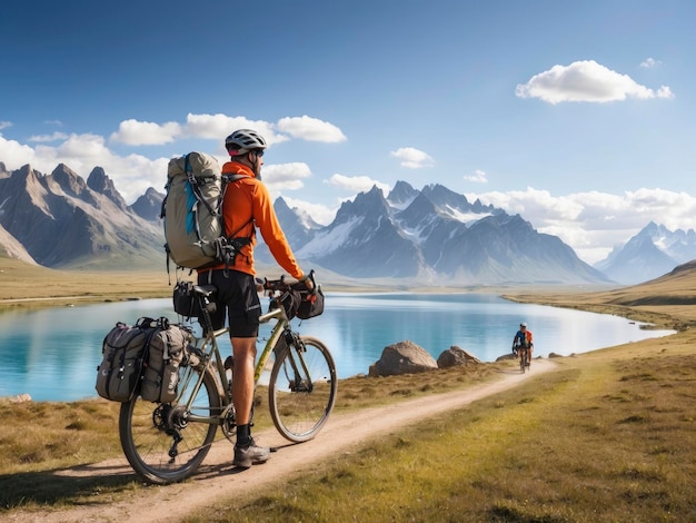 un hombre con una mochila y una bicicleta en un sendero cerca de un lago