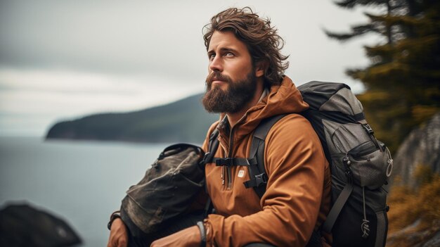 Un hombre con una mochila en el bosque