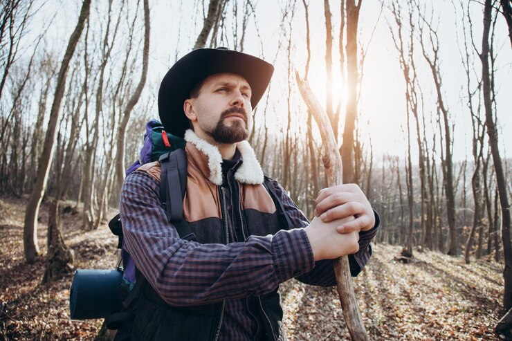 Hombre con mochila en el bosque
