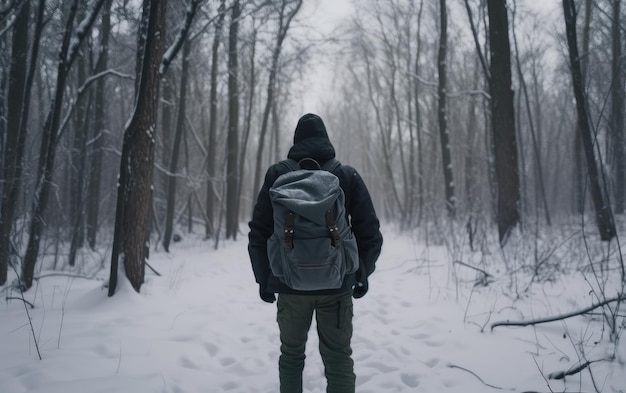 Un hombre con una mochila camina por un bosque nevado, un viajero, una aventura al aire libre, generado por ai.