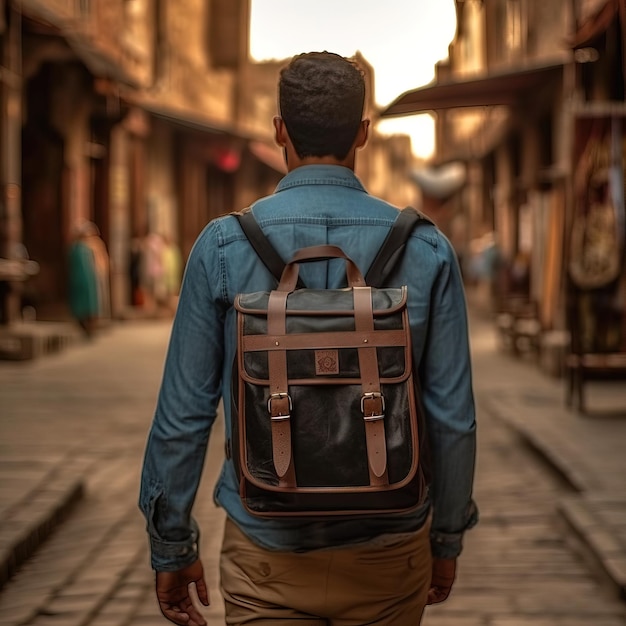 Un hombre con una mochila camina por una calle.