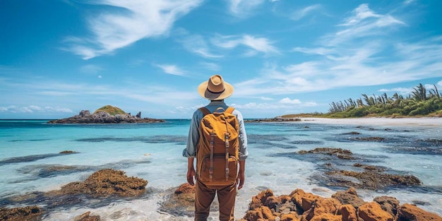 Hombre con mochila camina cerca del mar IA generativa