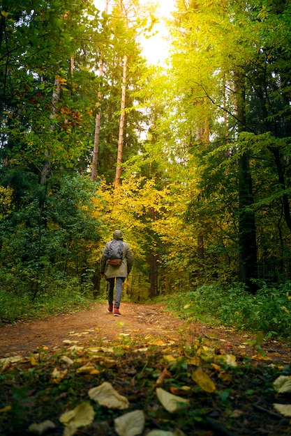 Un hombre con mochila camina en el increíble bosque de otoño.