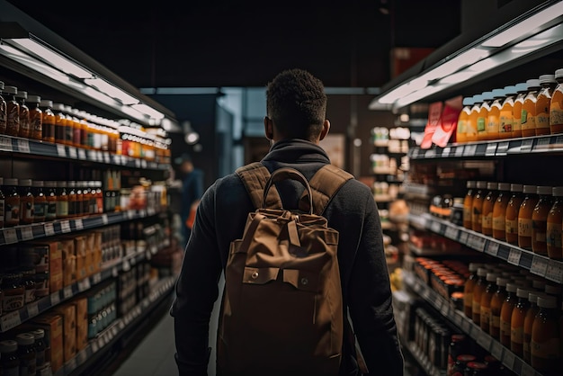 Un hombre con una mochila camina por el pasillo de una tienda de comestibles