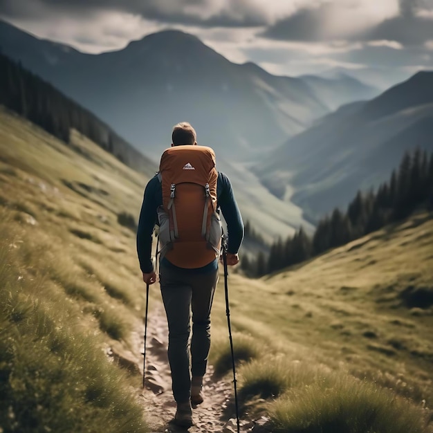 un hombre con una mochila camina por un sendero con montañas en el fondo