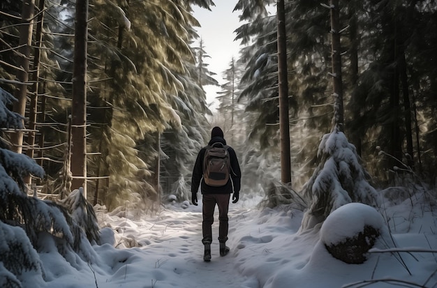 Hombre con mochila caminando por el bosque nevado