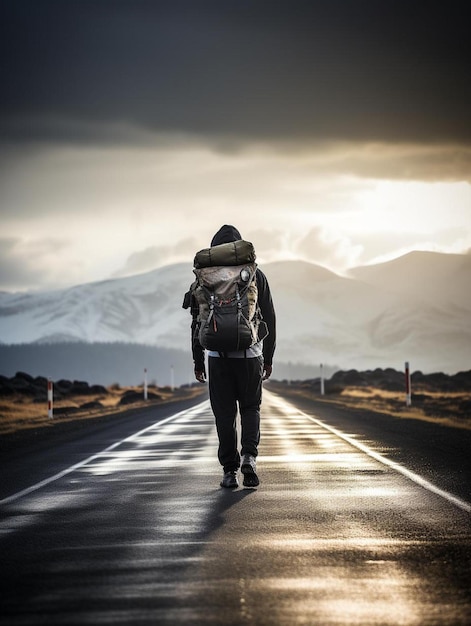 Foto Un hombre seguro de sí mismo con mochila caminando por la