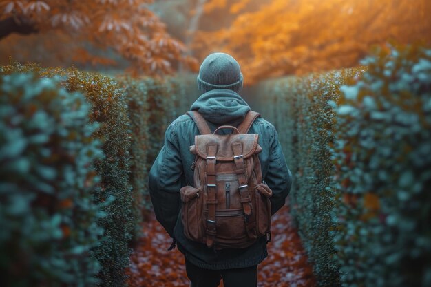 Hombre con mochila caminando en el laberinto de otoño