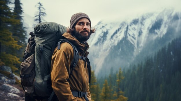 hombre con mochila caminando por las montañas