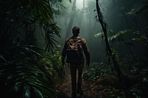 Foto hombre con mochila caminando por el sendero en la jungla por la noche excursionista masculino caminando a través de una densa y oscura jungla vista trasera cuerpo completo generado por ia