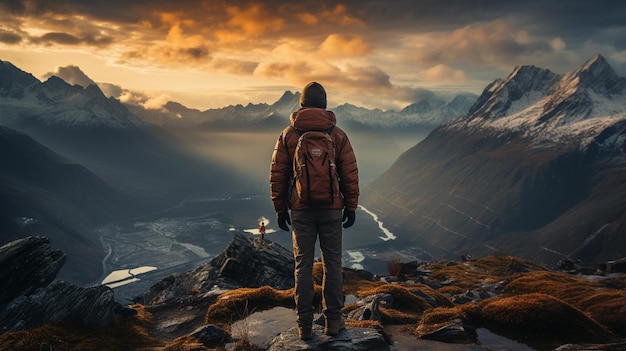 hombre con mochila en la cima de la montaña