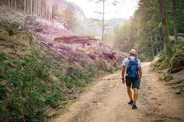 Hombre con mochila está caminando por el camino de piedra en la hermosa naturaleza