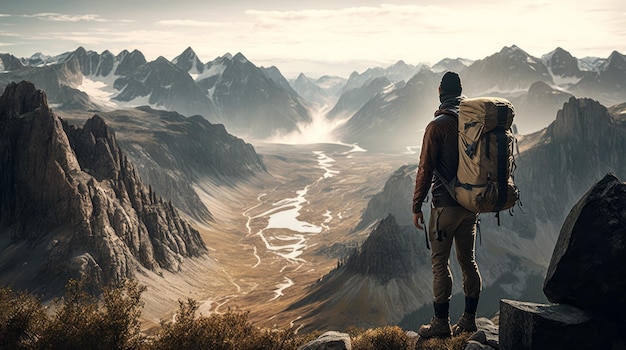 Hombre con mochila está parado en la cima de la montaña IA generativa