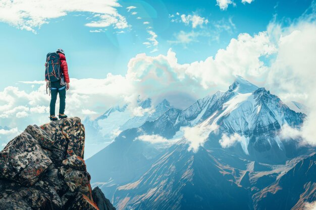 un hombre con una mochila está de pie en la cima de una montaña