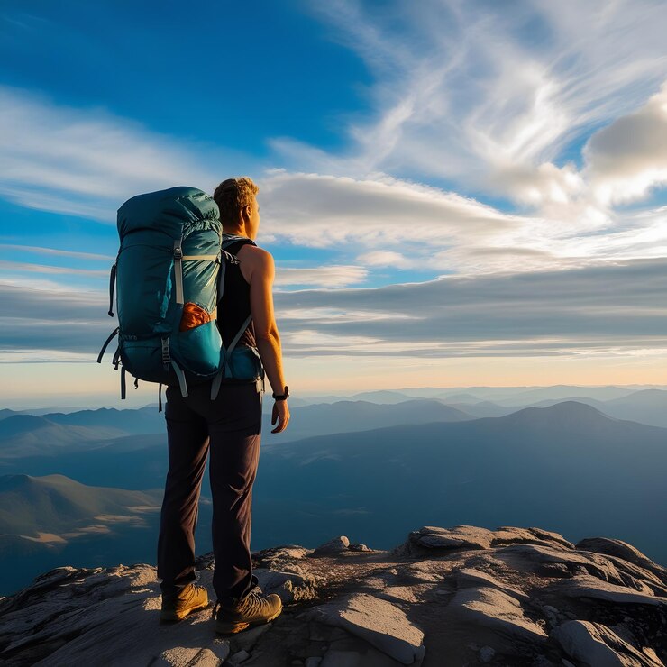 un hombre con una mochila está de pie en una montaña con el sol poniéndose detrás de él