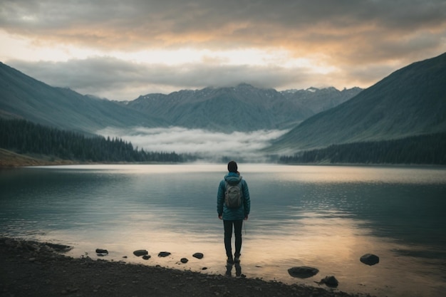 Un hombre con una mochila está de pie en la orilla de un lago de montaña