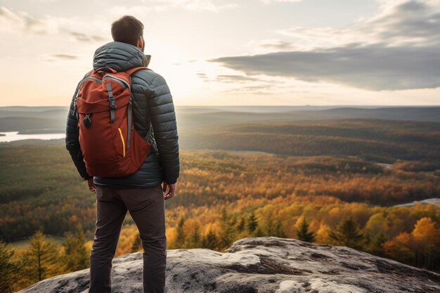 un hombre con una mochila está de pie en una roca mirando el atardecer